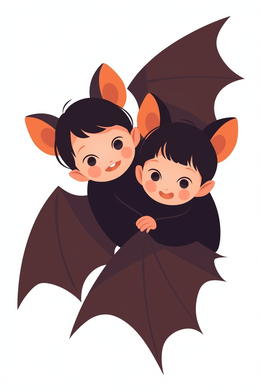 cute halloween drawings for kids featuring two young children dressed as bats with large wings and pointed ears, smiling happily.